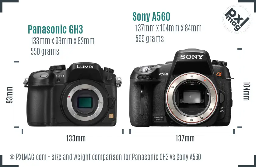 Panasonic GH3 vs Sony A560 size comparison Panasonic GH3 vs Sony A560 size comparison