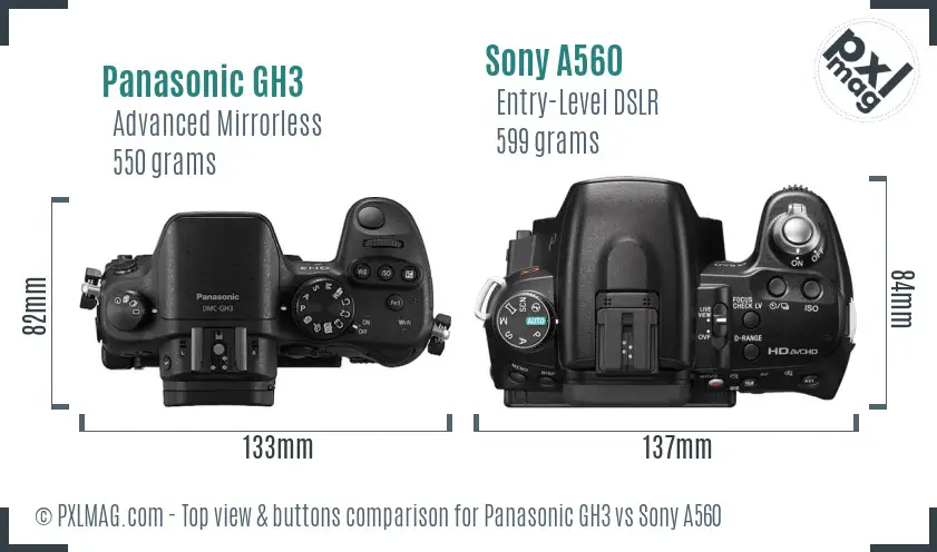Panasonic GH3 vs Sony A560 top view buttons comparison Panasonic GH3 vs Sony A560 top view buttons comparison