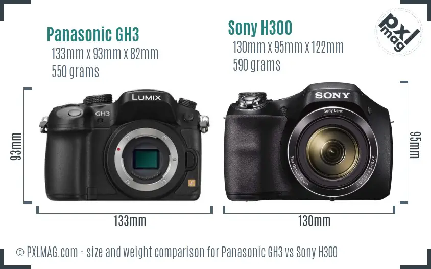 Panasonic GH3 vs Sony H300 size comparison Panasonic GH3 vs Sony H300 size comparison