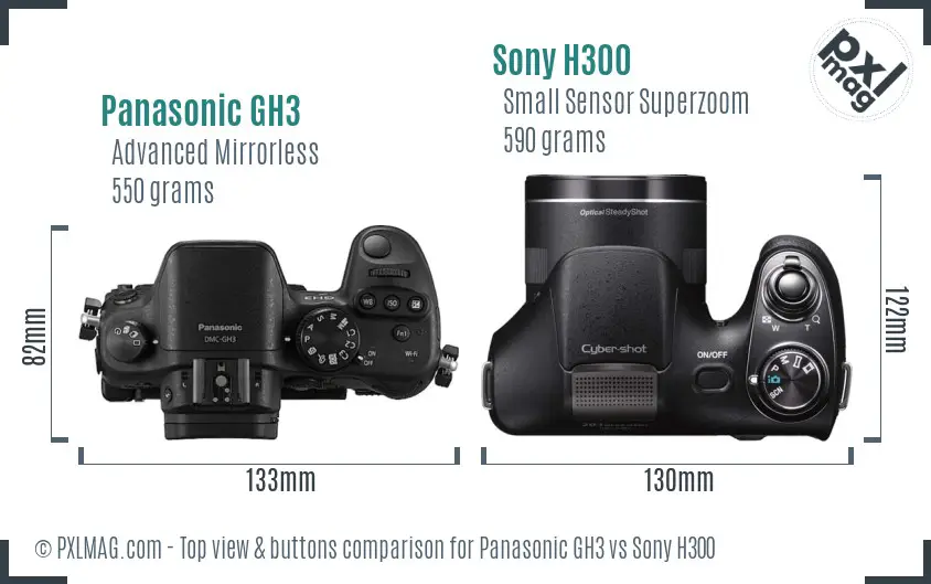 Panasonic GH3 vs Sony H300 top view buttons comparison Panasonic GH3 vs Sony H300 top view buttons comparison