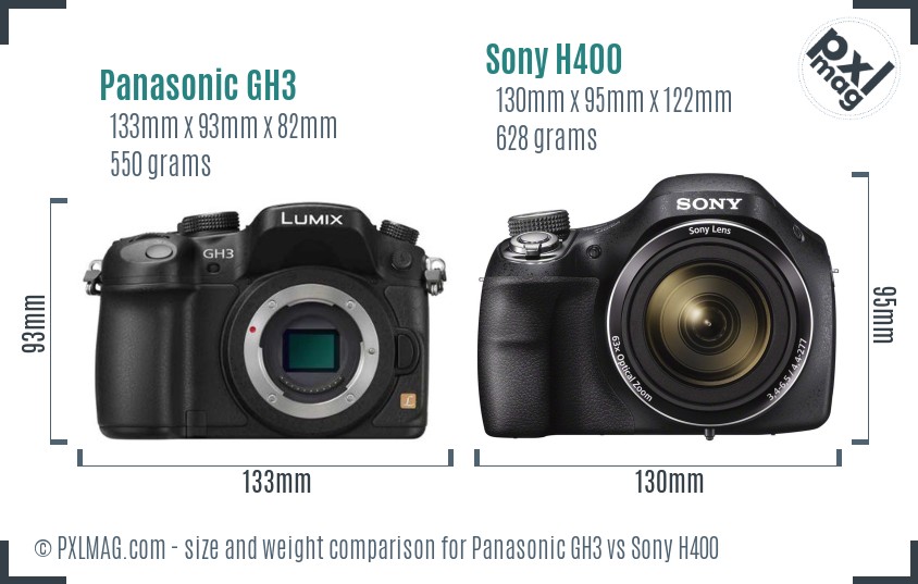 Panasonic GH3 vs Sony H400 size comparison