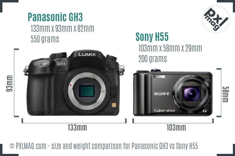 Panasonic GH3 vs Sony H55 size comparison Panasonic GH3 vs Sony H55 size comparison