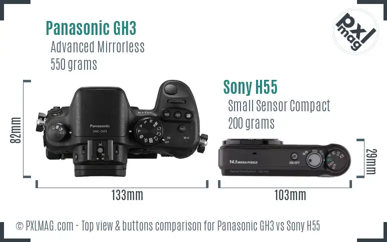 Panasonic GH3 vs Sony H55 top view buttons comparison Panasonic GH3 vs Sony H55 top view buttons comparison