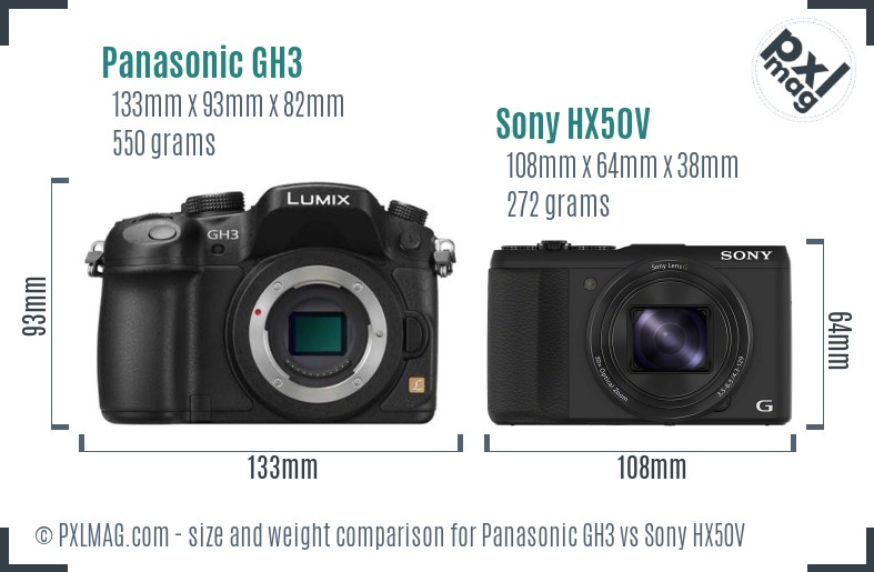 Panasonic GH3 vs Sony HX50V size comparison