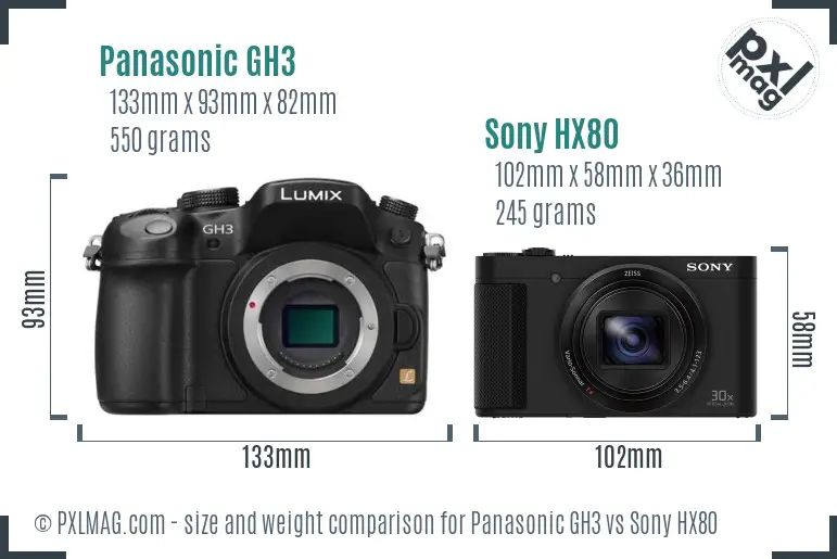 Panasonic GH3 vs Sony HX80 size comparison Panasonic GH3 vs Sony HX80 size comparison