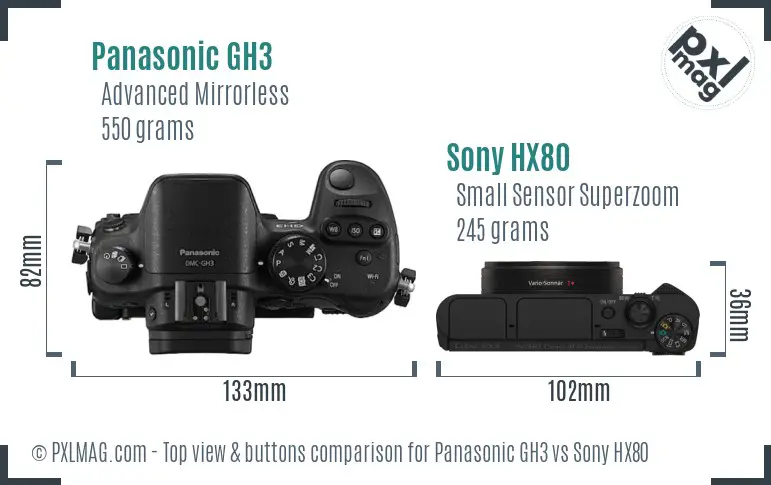 Panasonic GH3 vs Sony HX80 top view buttons comparison Panasonic GH3 vs Sony HX80 top view buttons comparison