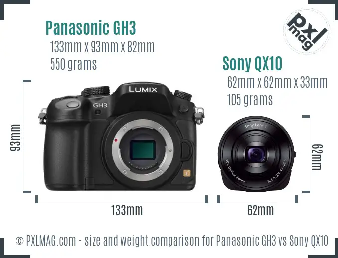 Panasonic GH3 vs Sony QX10 size comparison
