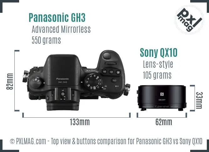 Panasonic GH3 vs Sony QX10 top view buttons comparison