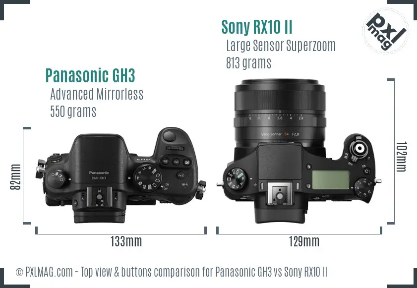 Panasonic GH3 vs Sony RX10 II top view buttons comparison