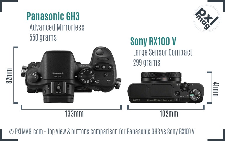 Panasonic GH3 vs Sony RX100 V top view buttons comparison