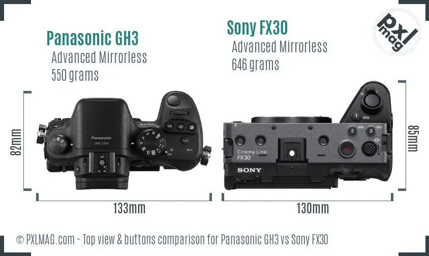 Panasonic GH3 vs Sony FX30 top view buttons comparison