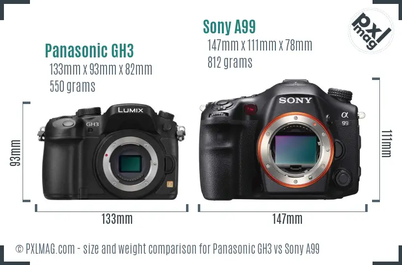 Panasonic GH3 vs Sony A99 size comparison