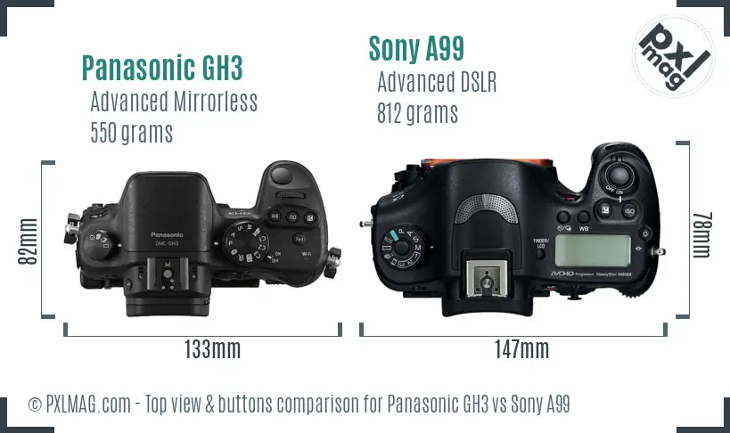 Panasonic GH3 vs Sony A99 top view buttons comparison