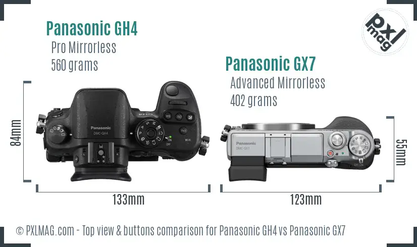 Panasonic GH4 vs Panasonic GX7 top view buttons comparison