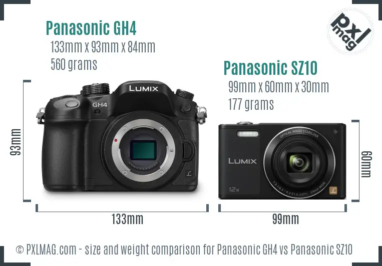 Panasonic GH4 vs Panasonic SZ10 size comparison