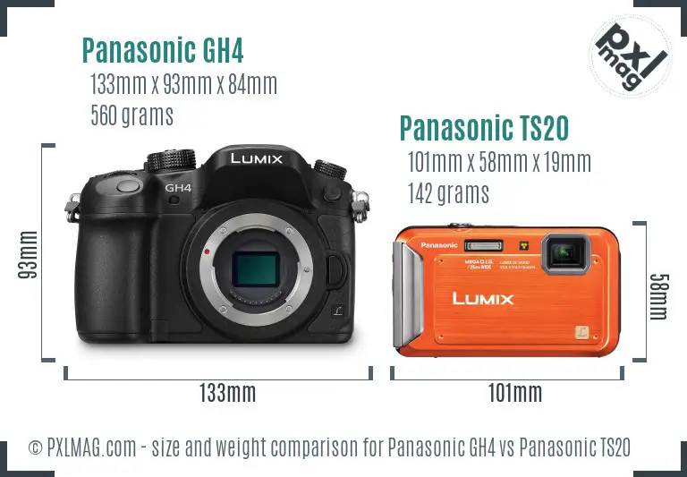 Panasonic GH4 vs Panasonic TS20 size comparison
