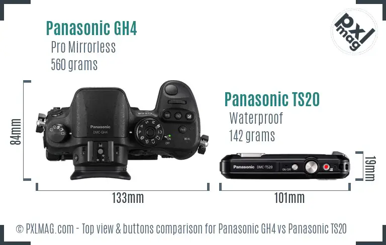 Panasonic GH4 vs Panasonic TS20 top view buttons comparison