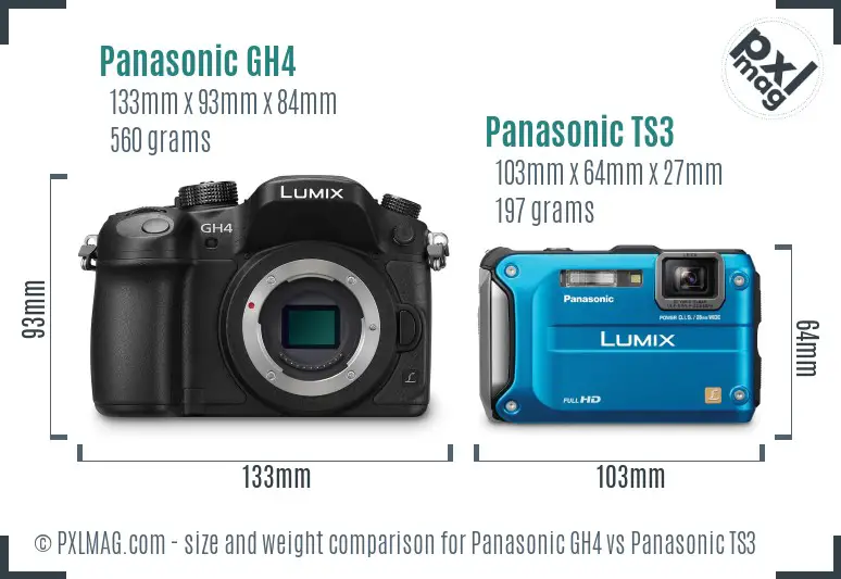 Panasonic GH4 vs Panasonic TS3 size comparison