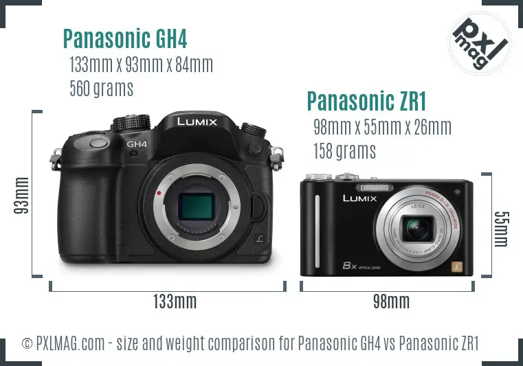 Panasonic GH4 vs Panasonic ZR1 size comparison