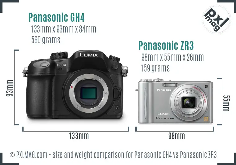 Panasonic GH4 vs Panasonic ZR3 size comparison
