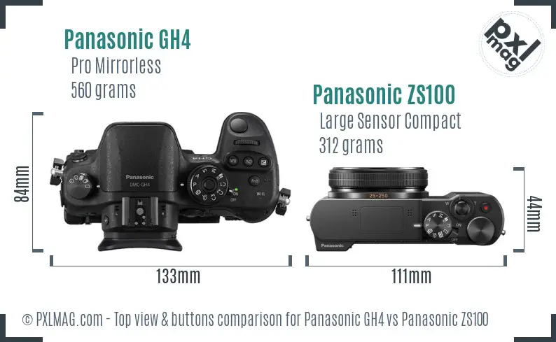 Panasonic GH4 vs Panasonic ZS100 top view buttons comparison