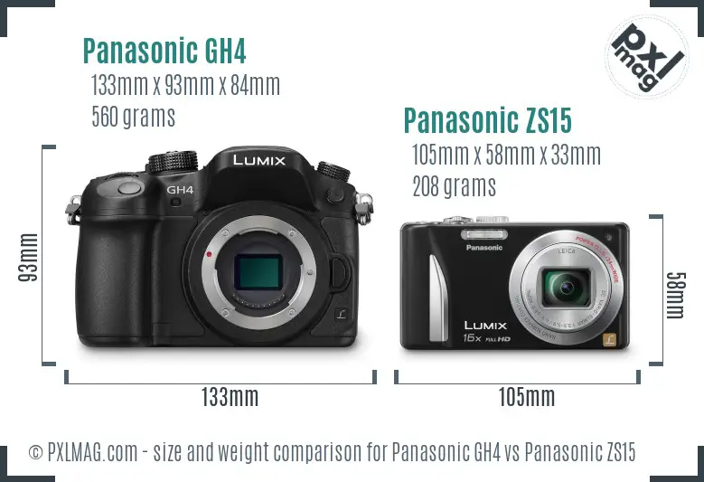 Panasonic GH4 vs Panasonic ZS15 size comparison