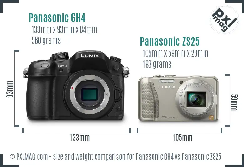Panasonic GH4 vs Panasonic ZS25 size comparison
