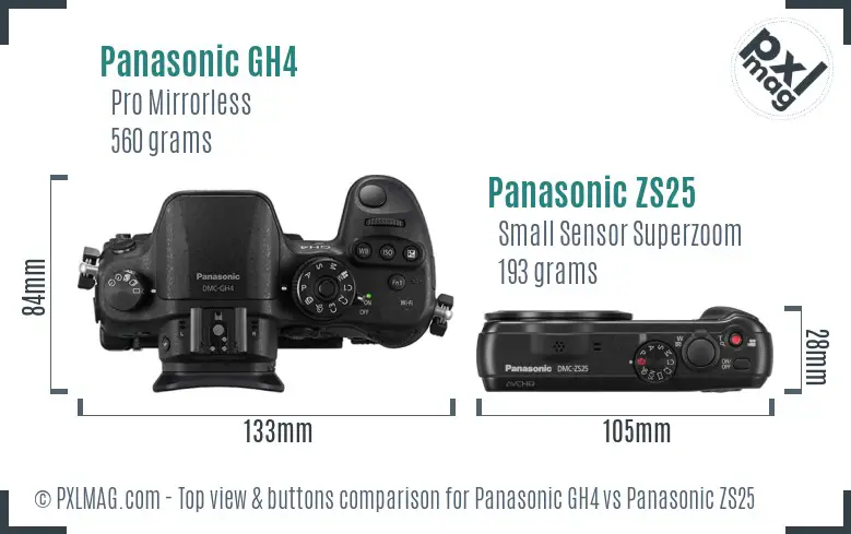 Panasonic GH4 vs Panasonic ZS25 top view buttons comparison