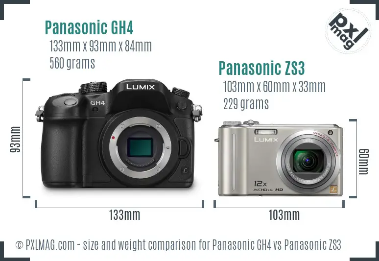 Panasonic GH4 vs Panasonic ZS3 size comparison