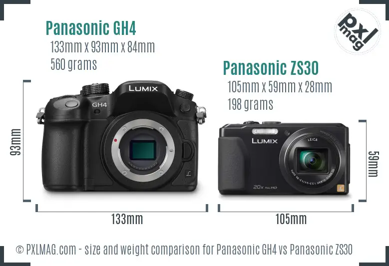 Panasonic GH4 vs Panasonic ZS30 size comparison