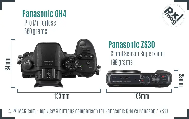Panasonic GH4 vs Panasonic ZS30 top view buttons comparison