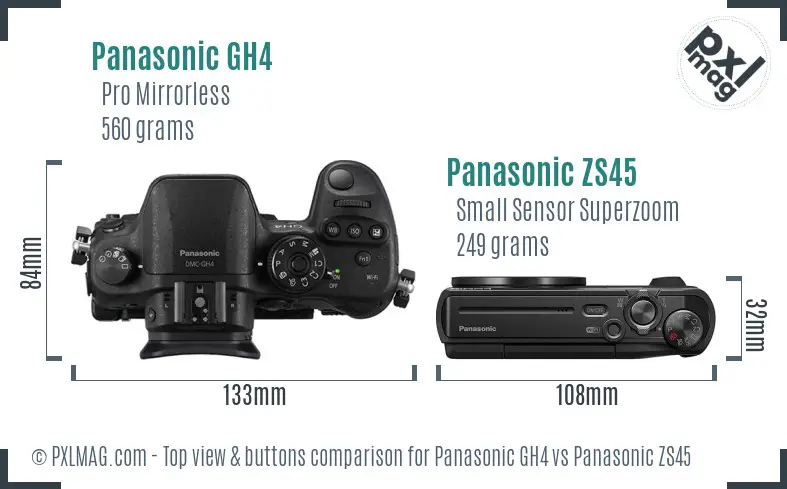 Panasonic GH4 vs Panasonic ZS45 top view buttons comparison