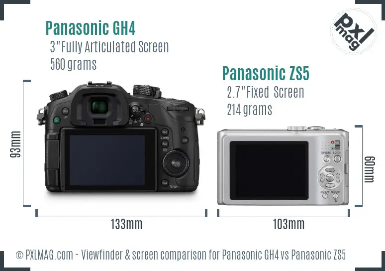 Panasonic GH4 vs Panasonic ZS5 Screen and Viewfinder comparison