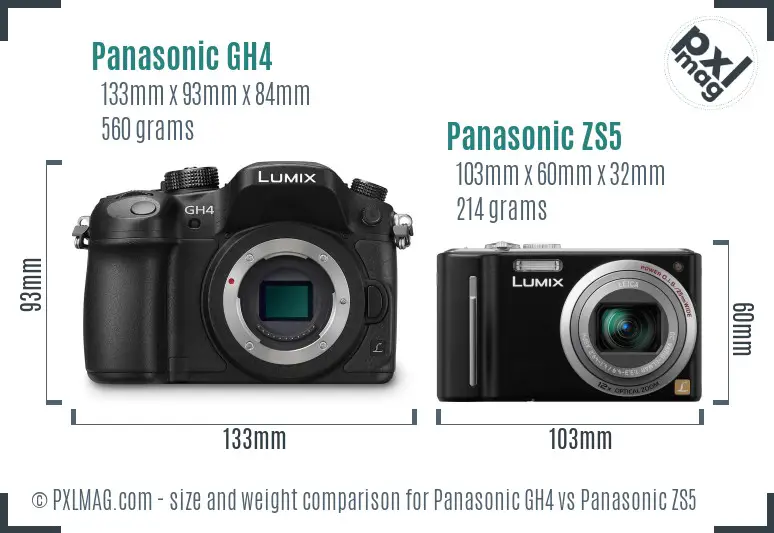 Panasonic GH4 vs Panasonic ZS5 size comparison