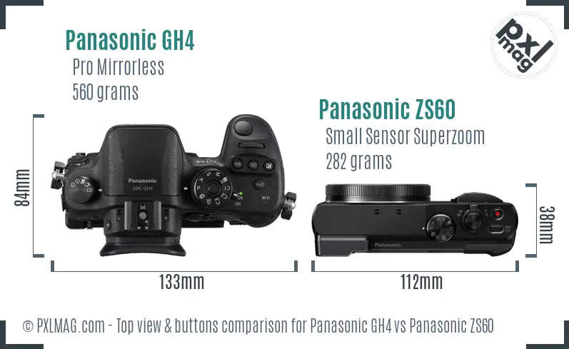 Panasonic GH4 vs Panasonic ZS60 top view buttons comparison