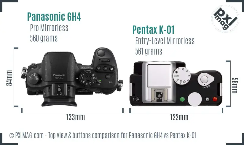 Panasonic GH4 vs Pentax K-01 top view buttons comparison