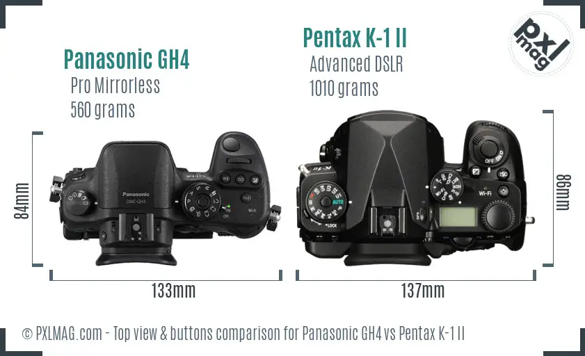 Panasonic GH4 vs Pentax K-1 II top view buttons comparison