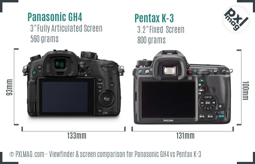 Panasonic GH4 vs Pentax K-3 Screen and Viewfinder comparison