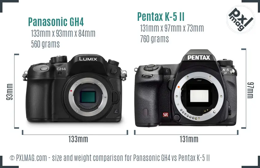 Panasonic GH4 vs Pentax K-5 II size comparison