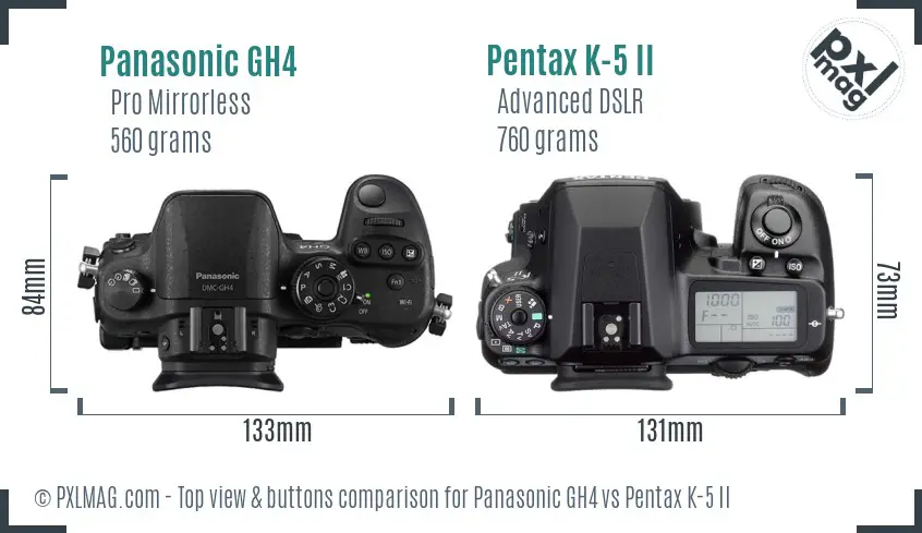 Panasonic GH4 vs Pentax K-5 II top view buttons comparison