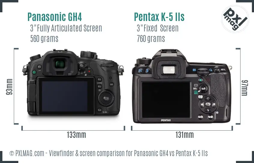 Panasonic GH4 vs Pentax K-5 IIs Screen and Viewfinder comparison