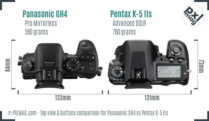 Panasonic GH4 vs Pentax K-5 IIs top view buttons comparison