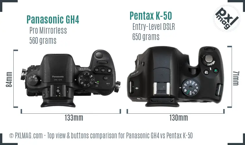 Panasonic GH4 vs Pentax K-50 top view buttons comparison
