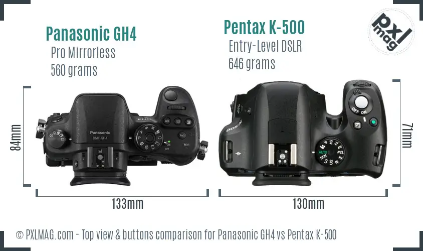Panasonic GH4 vs Pentax K-500 top view buttons comparison