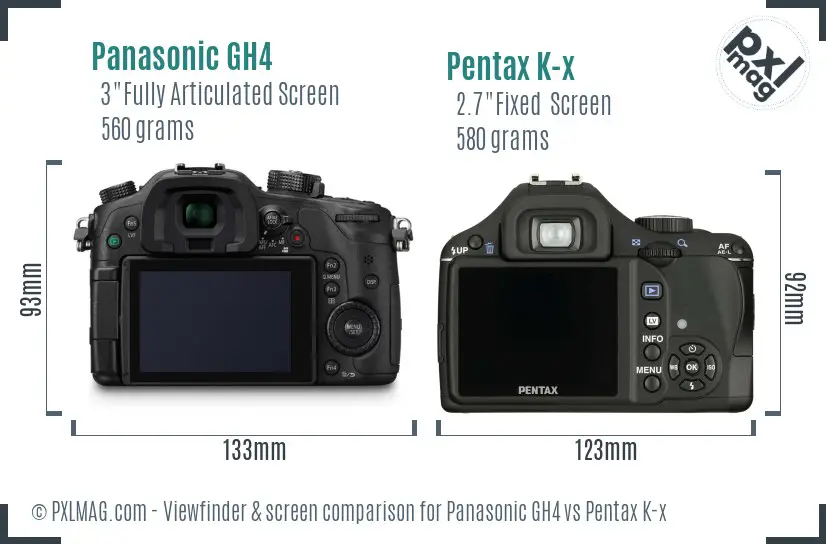 Panasonic GH4 vs Pentax K-x Screen and Viewfinder comparison