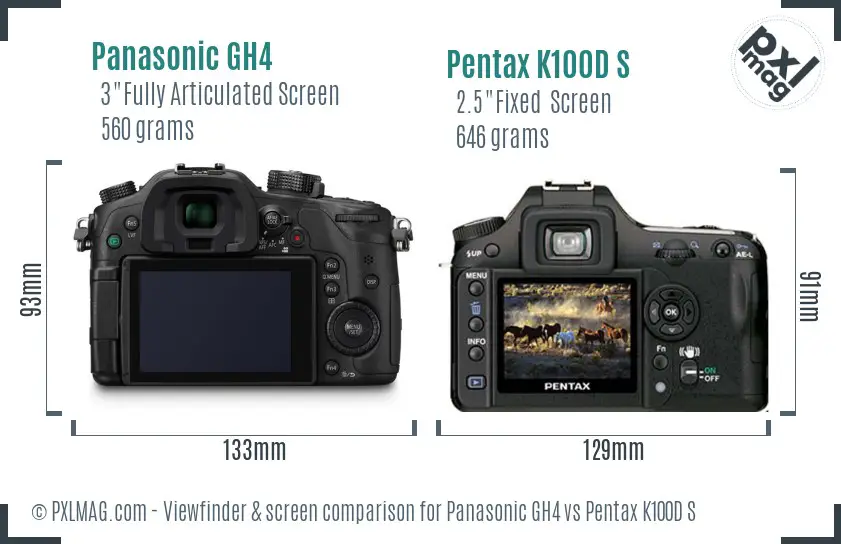 Panasonic GH4 vs Pentax K100D S Screen and Viewfinder comparison