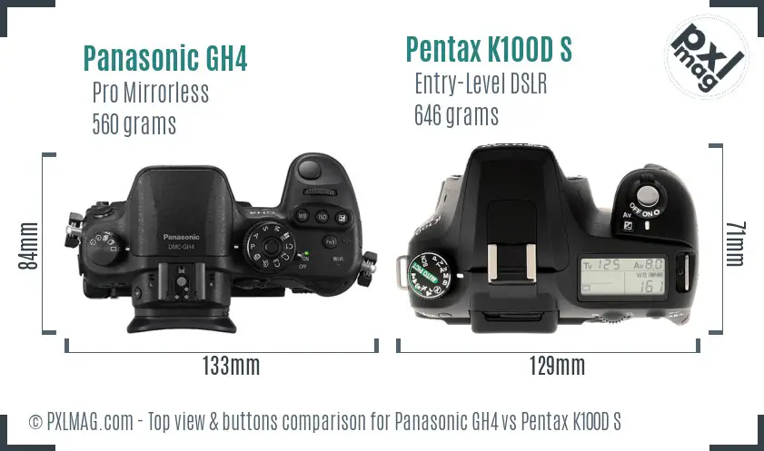 Panasonic GH4 vs Pentax K100D S top view buttons comparison