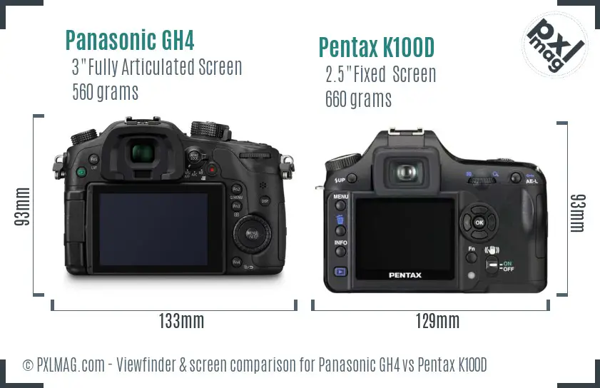 Panasonic GH4 vs Pentax K100D Screen and Viewfinder comparison
