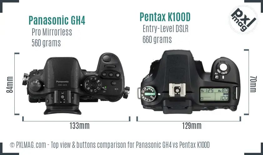 Panasonic GH4 vs Pentax K100D top view buttons comparison