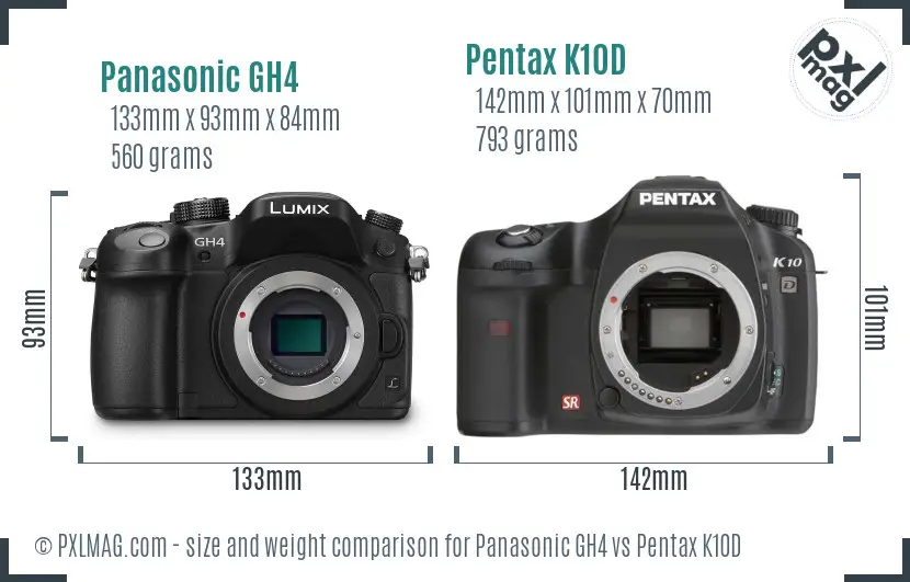 Panasonic GH4 vs Pentax K10D size comparison
